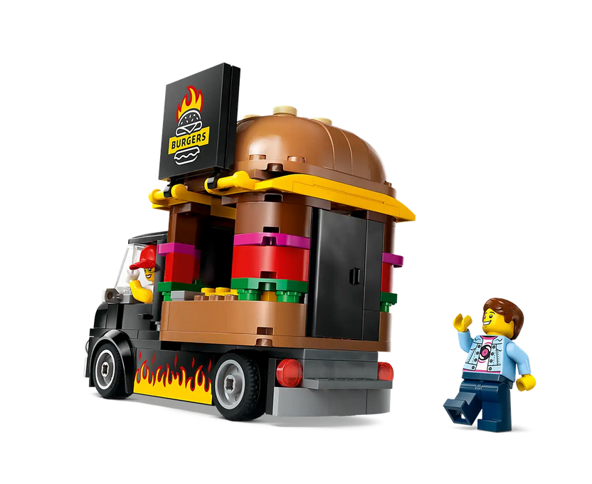 LEGO City Burger Truck toy with giant burger top, service hatch, vendor and customer minifigures for ages 5 and up.
