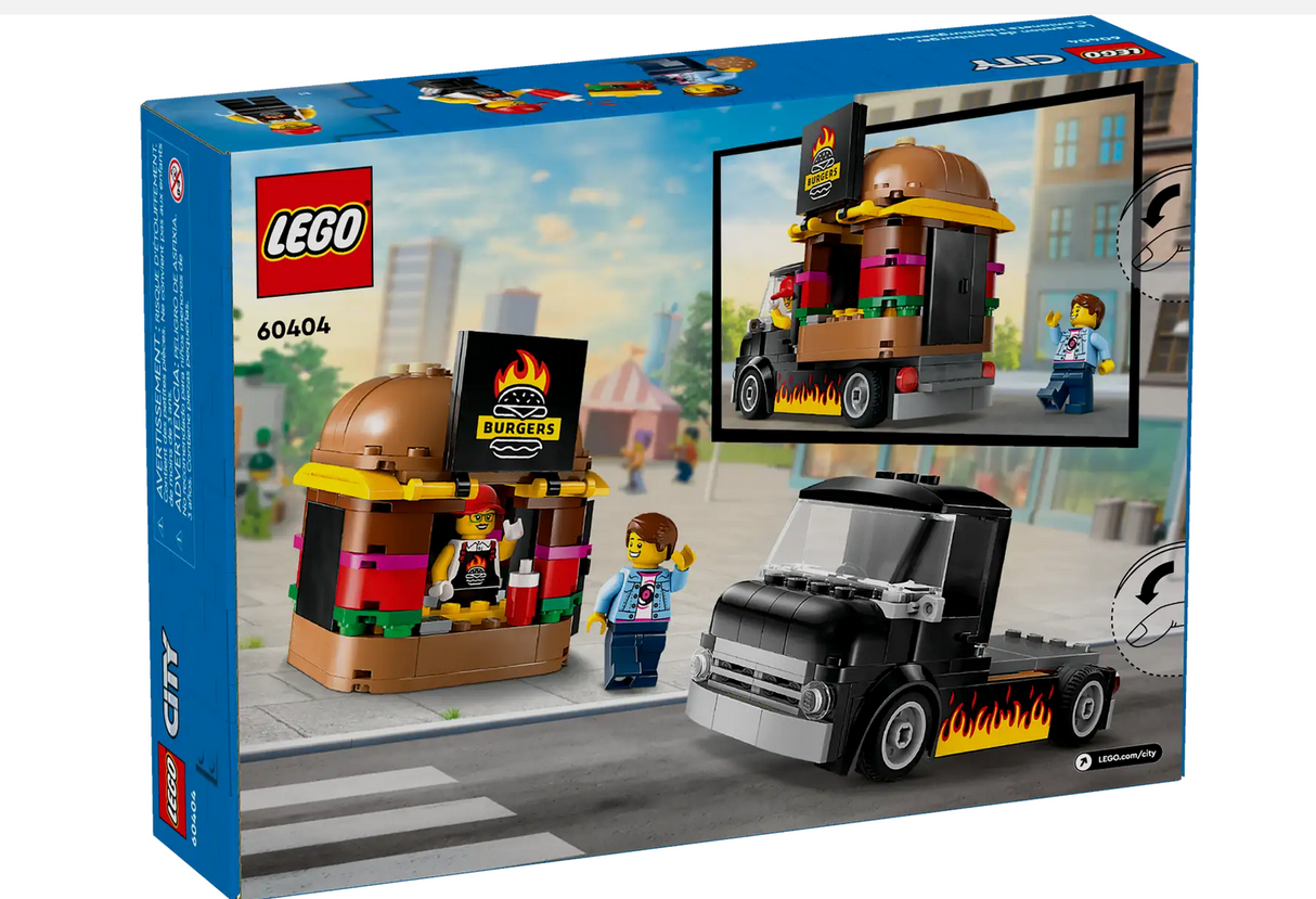 LEGO City Burger Truck playset with a mobile burger joint, vendor, customer minifigure, and flame-grilled burger sign.