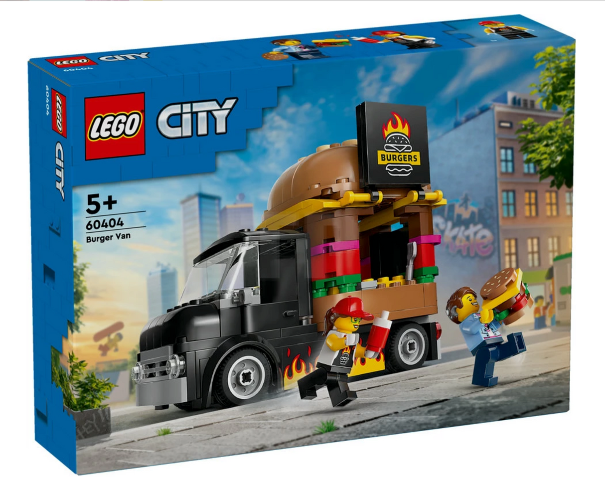 LEGO City Burger Truck toy set with mobile burger van, vendor and customer minifigures for imaginative play ages 5 and up.