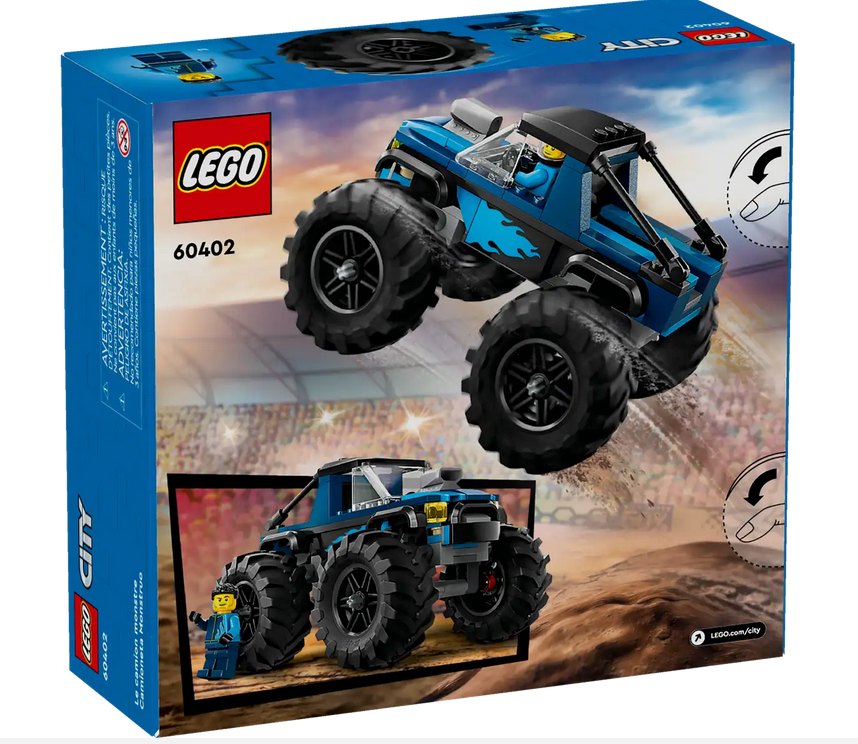 LEGO City Blue Monster Truck toy set with large rubber tires and a driver minifigure for kids aged 5+ playing off-road.
