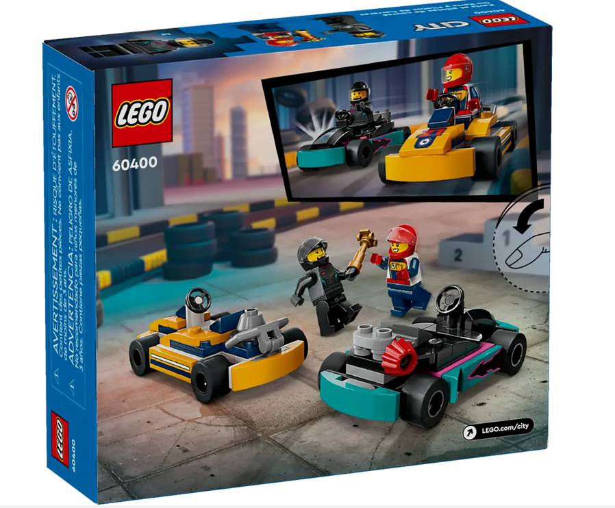 LEGO City Go-Karts and Race Drivers set with two colorful mini go-karts and driver minifigures on a race track.