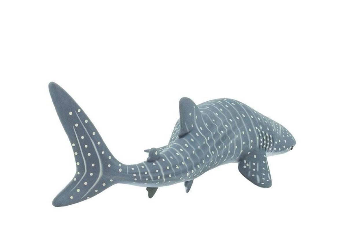 Whale Shark model with striped gray skin and white spots, measuring 7.25 inches long and BPA free.