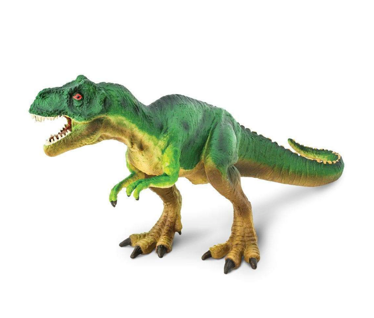 Tyrannosaurus Rex figure, 7 inches long, green and yellow dinosaur toy with open mouth and detailed texture.