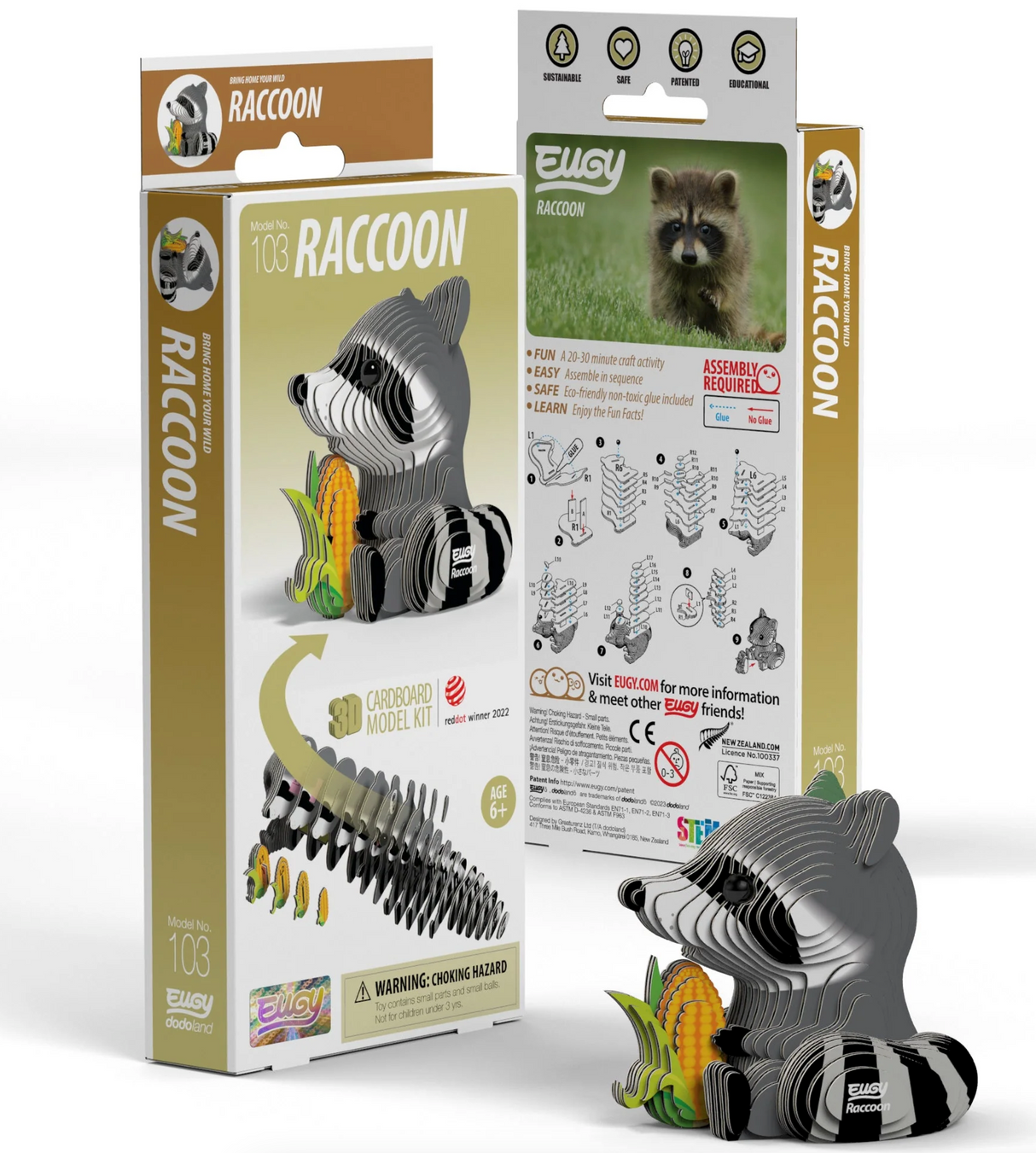 EUGY | Raccoon 3D puzzle made of biodegradable cardboard showing assembled raccoon and packaging details.