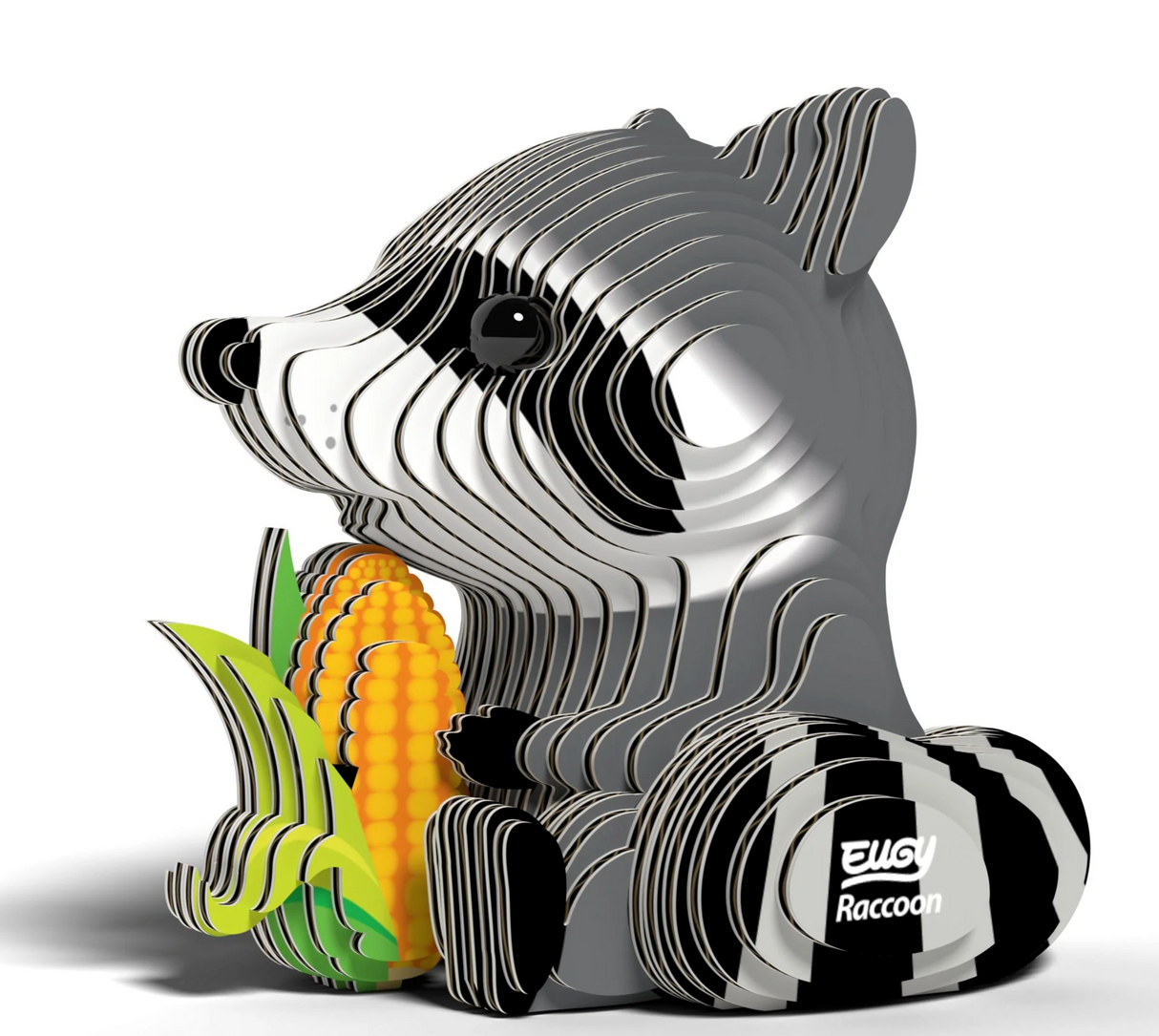 EUGY | Raccoon 3D puzzle made of eco-friendly cardboard, showing a layered raccoon holding corn, fun and quick to assemble.