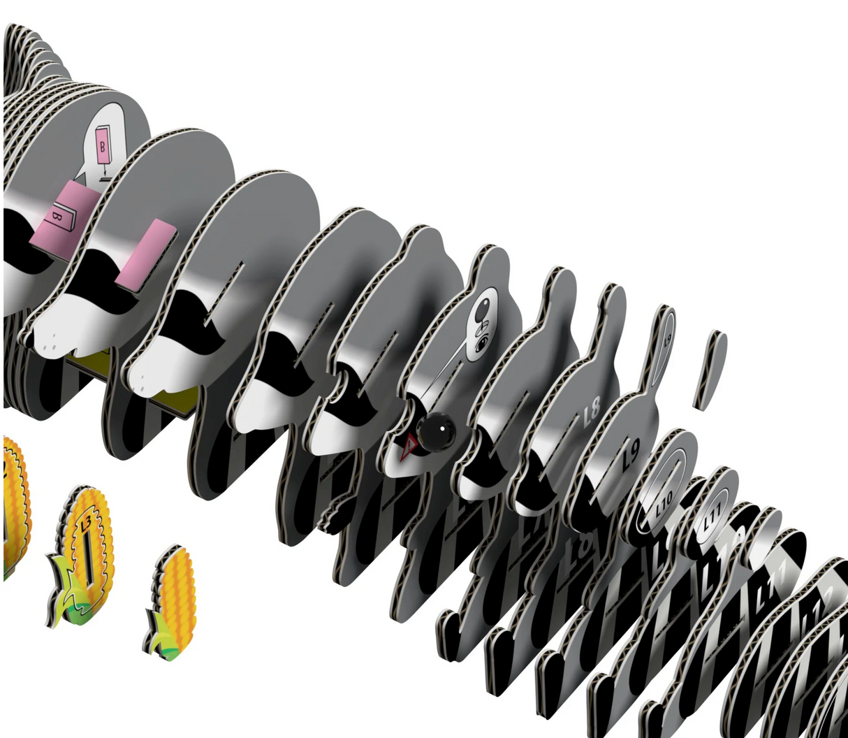 EUGY | Raccoon 3D puzzle pieces showing eco-friendly cardboard layers before assembly in a fun, creative design.