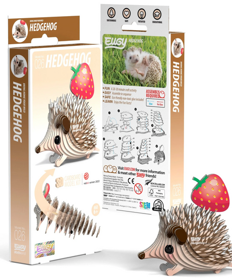 EUGY | Hedgehog 3D puzzle kit made of eco-friendly cardboard, easy to assemble, fun for ages 6 and up.