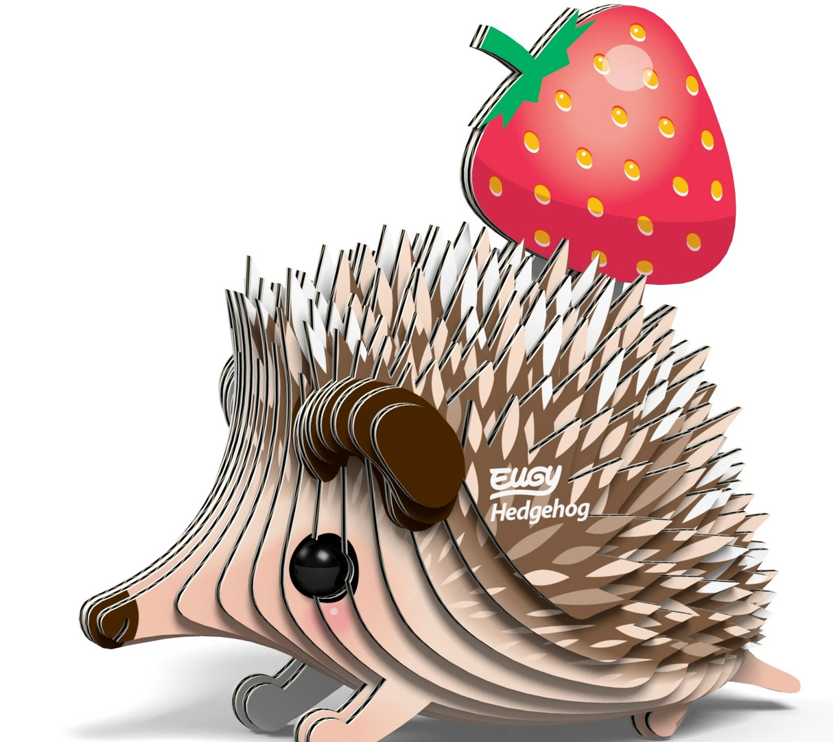 EUGY | Hedgehog 3D puzzle made of eco-friendly cardboard with colorful strawberry on its back, perfect for ages 6 and up.
