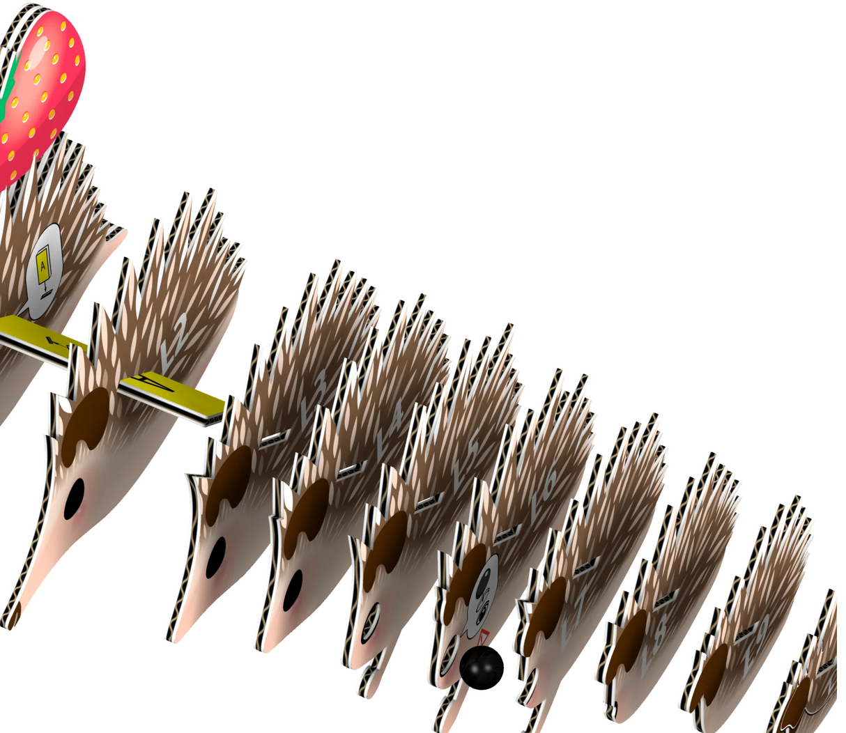 EUGY | Hedgehog 3D puzzle made from eco-friendly cardboard, showing step-by-step assembly stages in a friendly design.