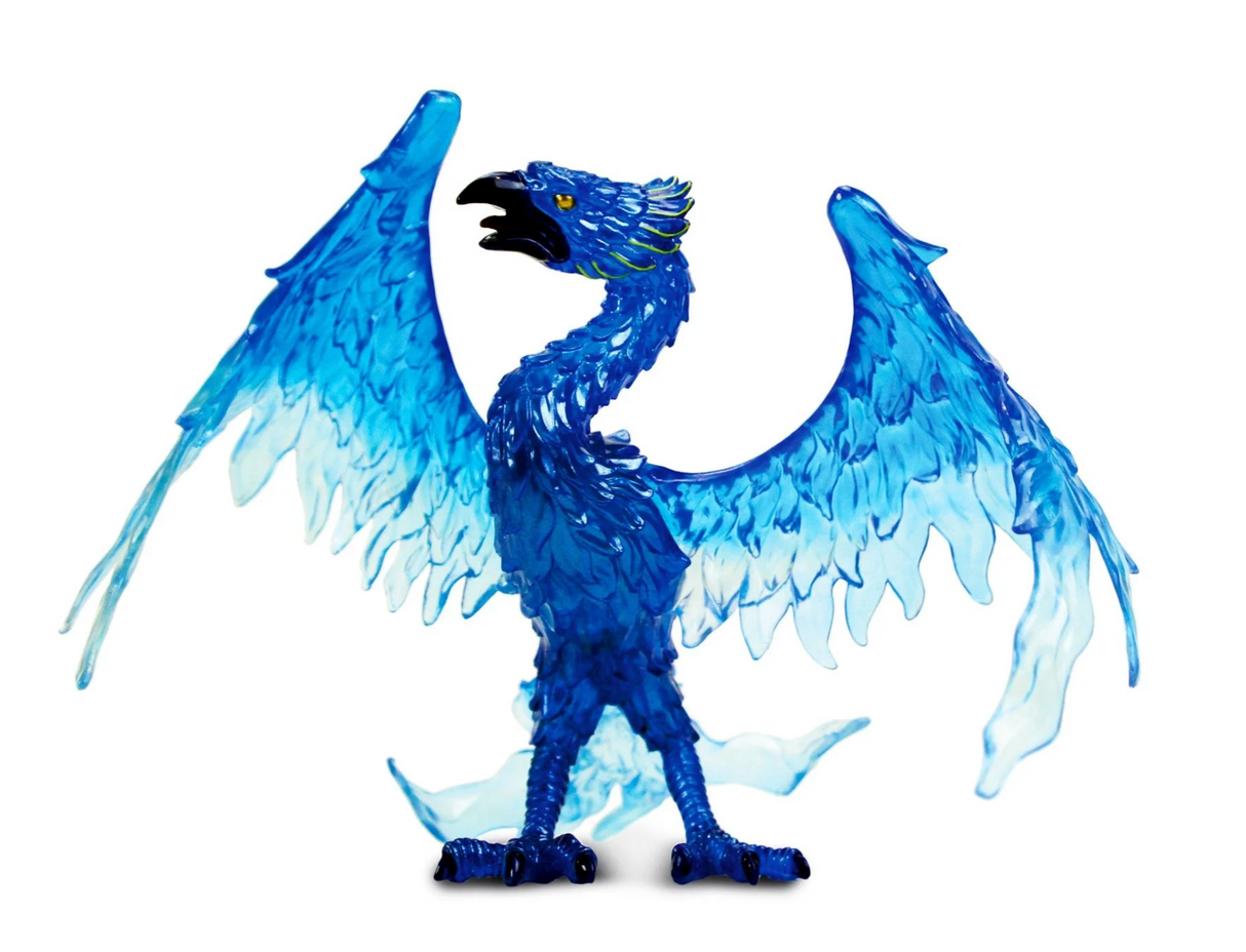 Blue Phoenix toy figure with translucent blue wings, standing 4 1/2 inches tall symbolizing rebirth and regeneration.