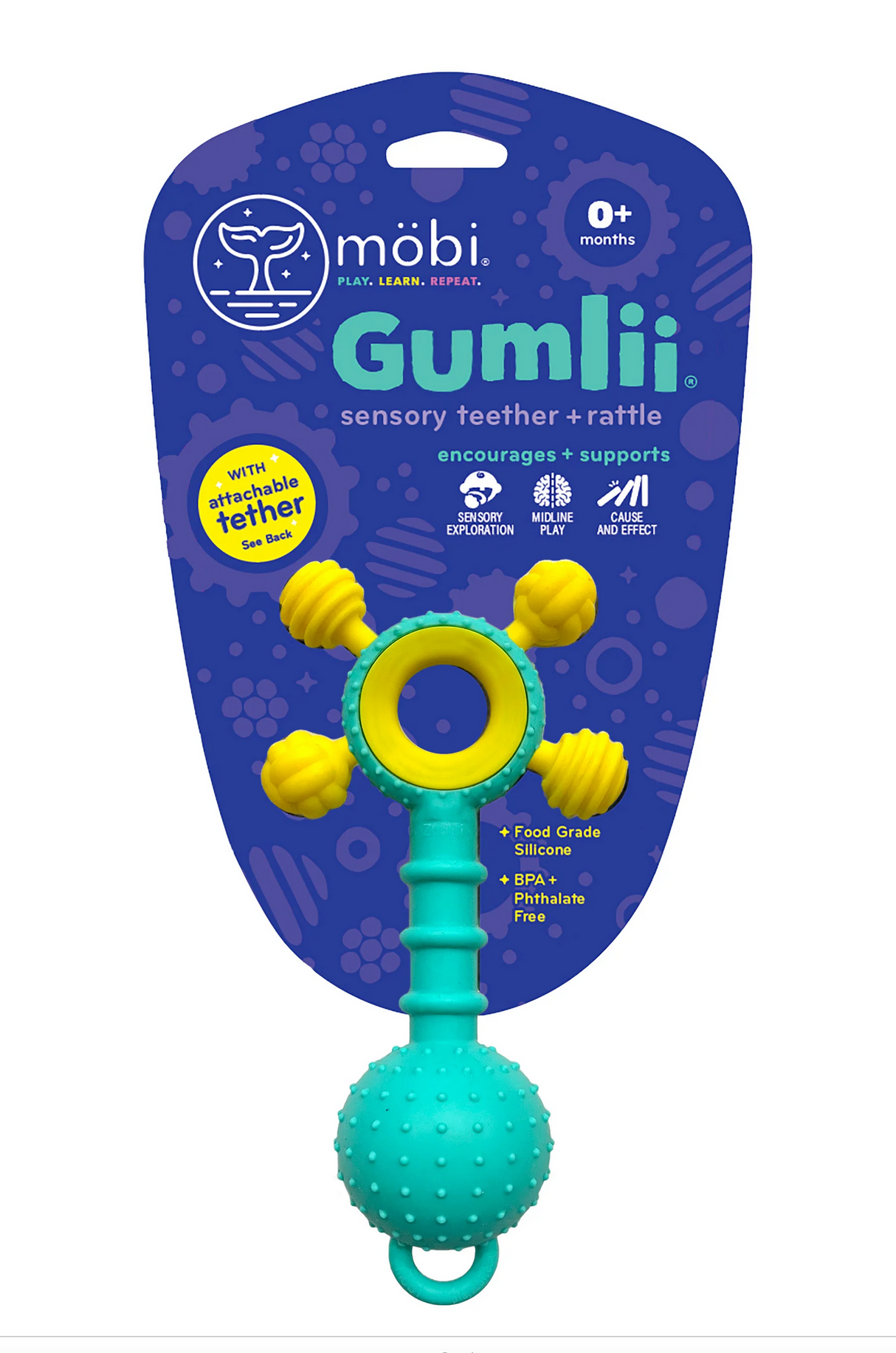 Gumlii Sensory Teether + Rattle in blue and yellow food grade silicone with textured grip and gentle rattle for babies 0+ months