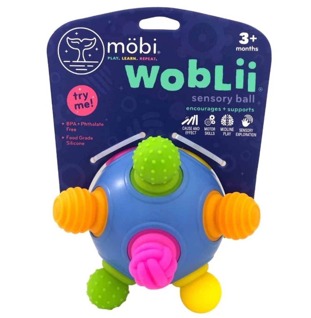 Woblii Sensory Ball by mobi with colorful nubs for tactile play and motor skill development for ages 3 months and up
