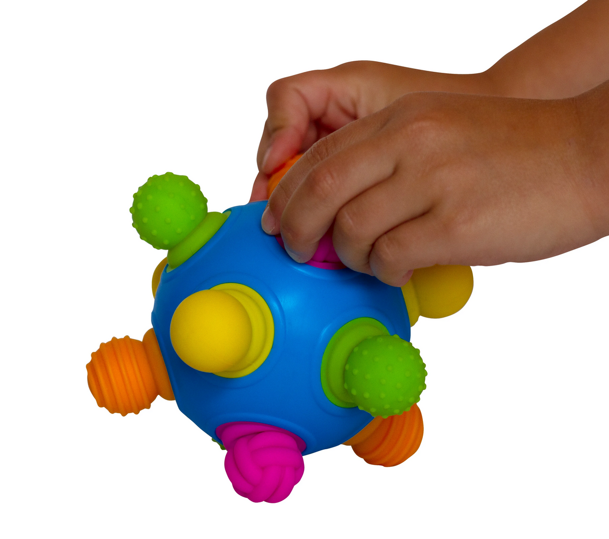 Child's hands playing with colorful textured Woblii Sensory Ball designed for push, pull, chew, and wobble fun.
