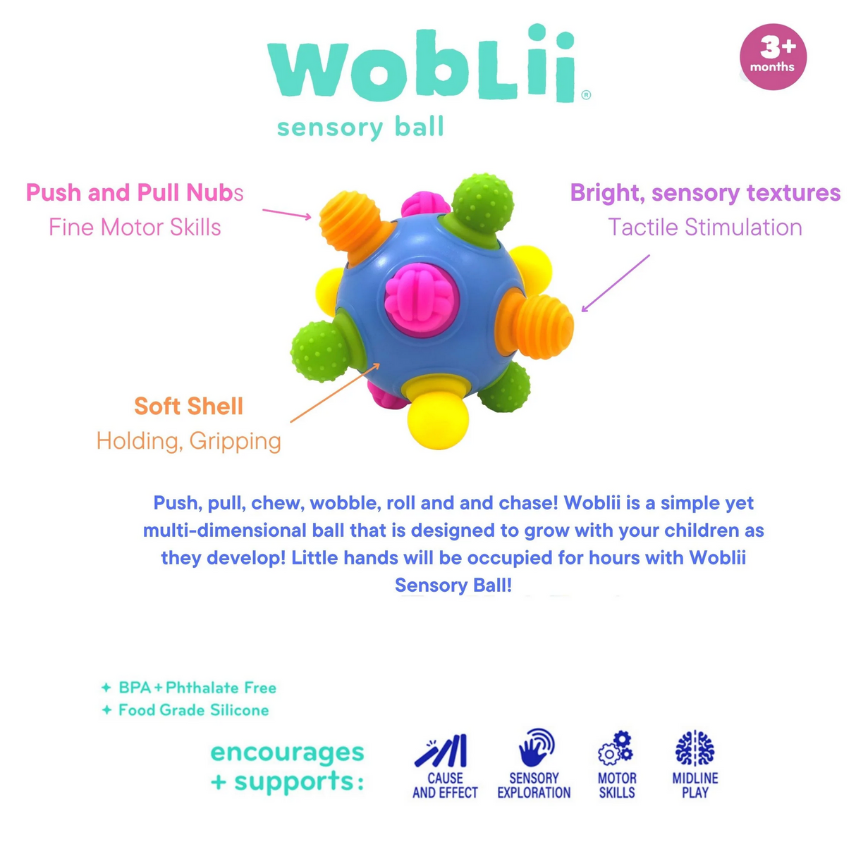 Woblii Sensory Ball with bright textures, push and pull nubs, and soft shell for tactile play and fine motor skills.