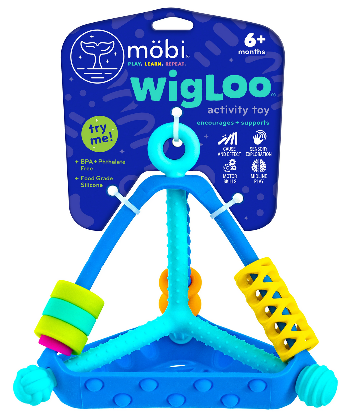 Wigloo Activity Toy designed for sensory exploration with silicone bubbles, spinning rings, and springy cords for ages 6+ months.