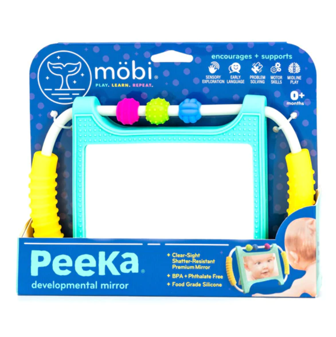 Peeka Developmental Mirror with textured frame and beads, designed for sensory play and tummy time from 0+ months.