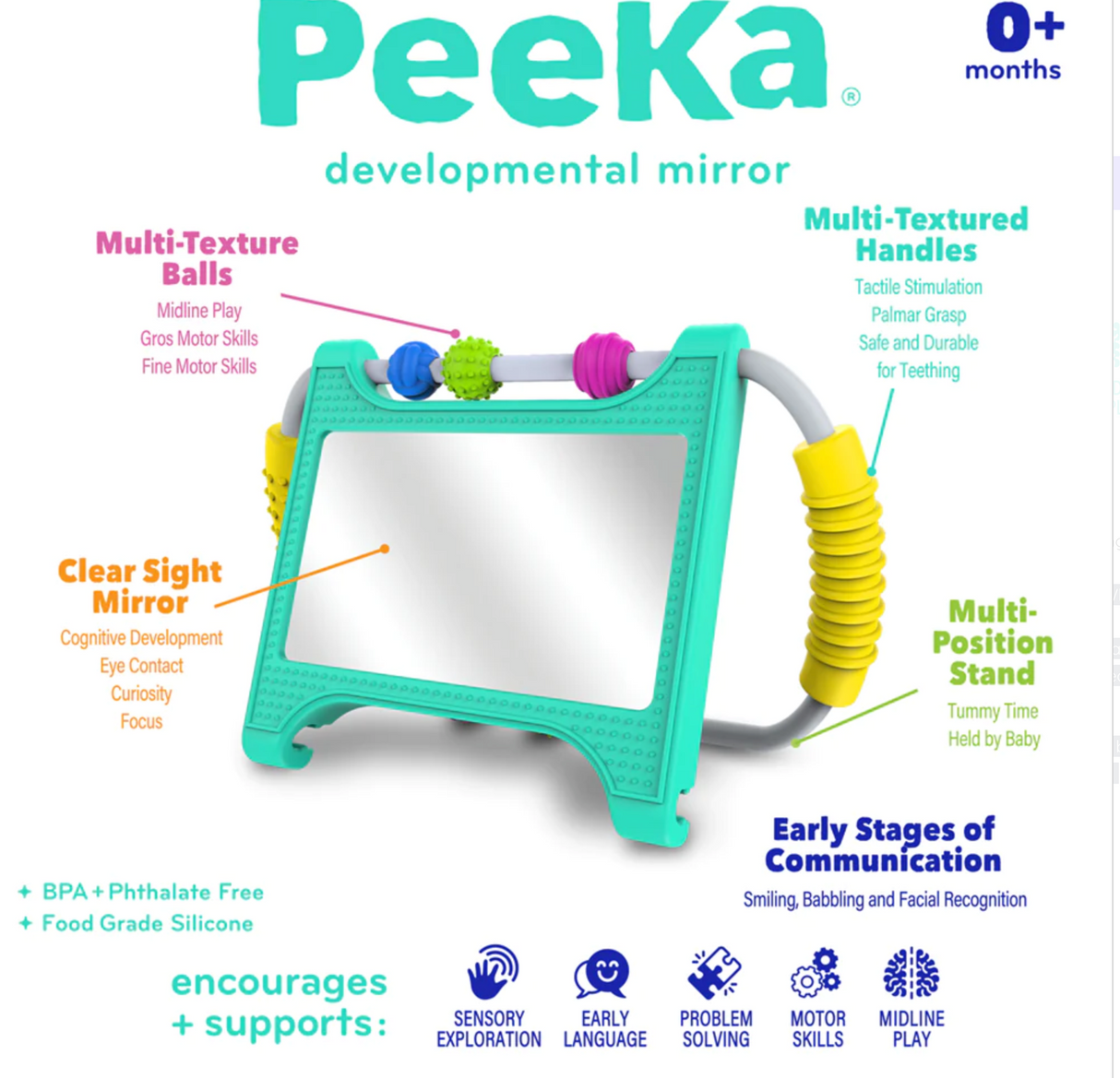 Peeka Developmental Mirror with multi-texture balls, clear sight mirror, and multi-textured handles for baby sensory play.