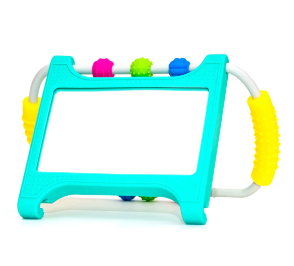 Peeka Developmental Mirror with colorful textured grips and beads, designed for tummy time and easy portability.