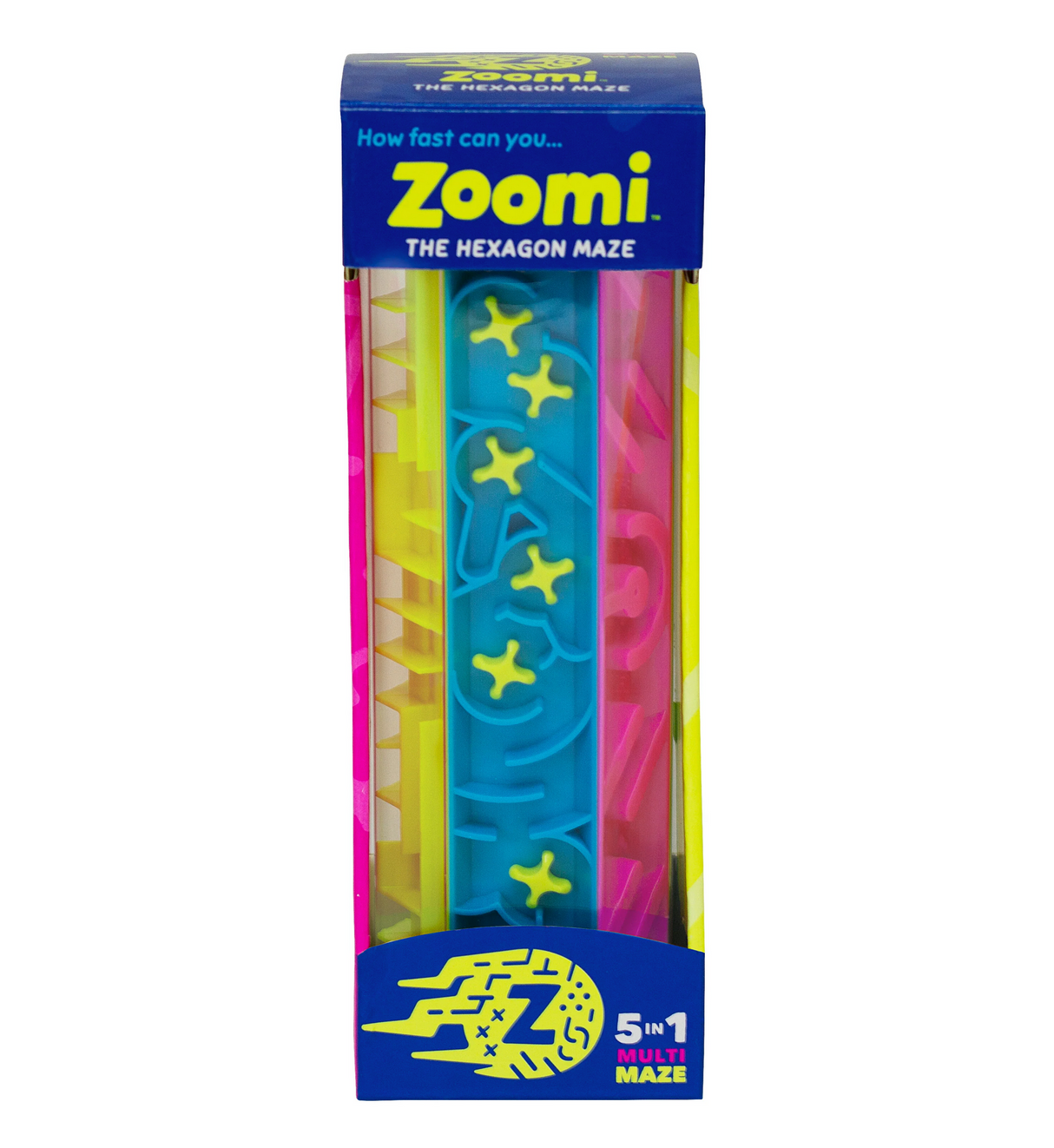 Zoomi The Hexagon Maze 5-in-1 multi maze puzzle with colorful panels in vibrant packaging for ages 4 and up.