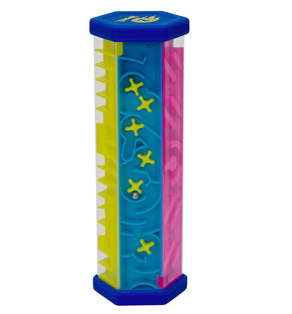 Zoomi The Hexagon Maze puzzle toy with colorful panels and a metal ball for twisting maze challenges.