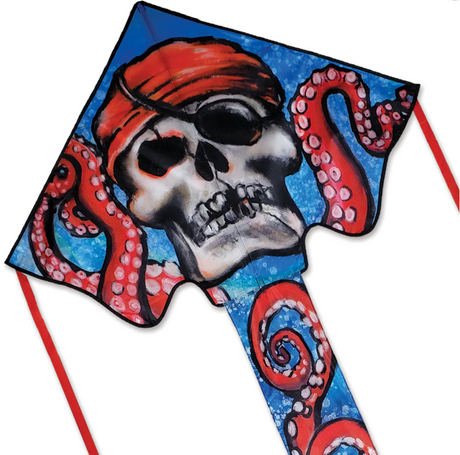 46" Easy Flyer Kite Pirate Octopus with vibrant pirate skull and red octopus tentacles on a blue background for easy flying fun
