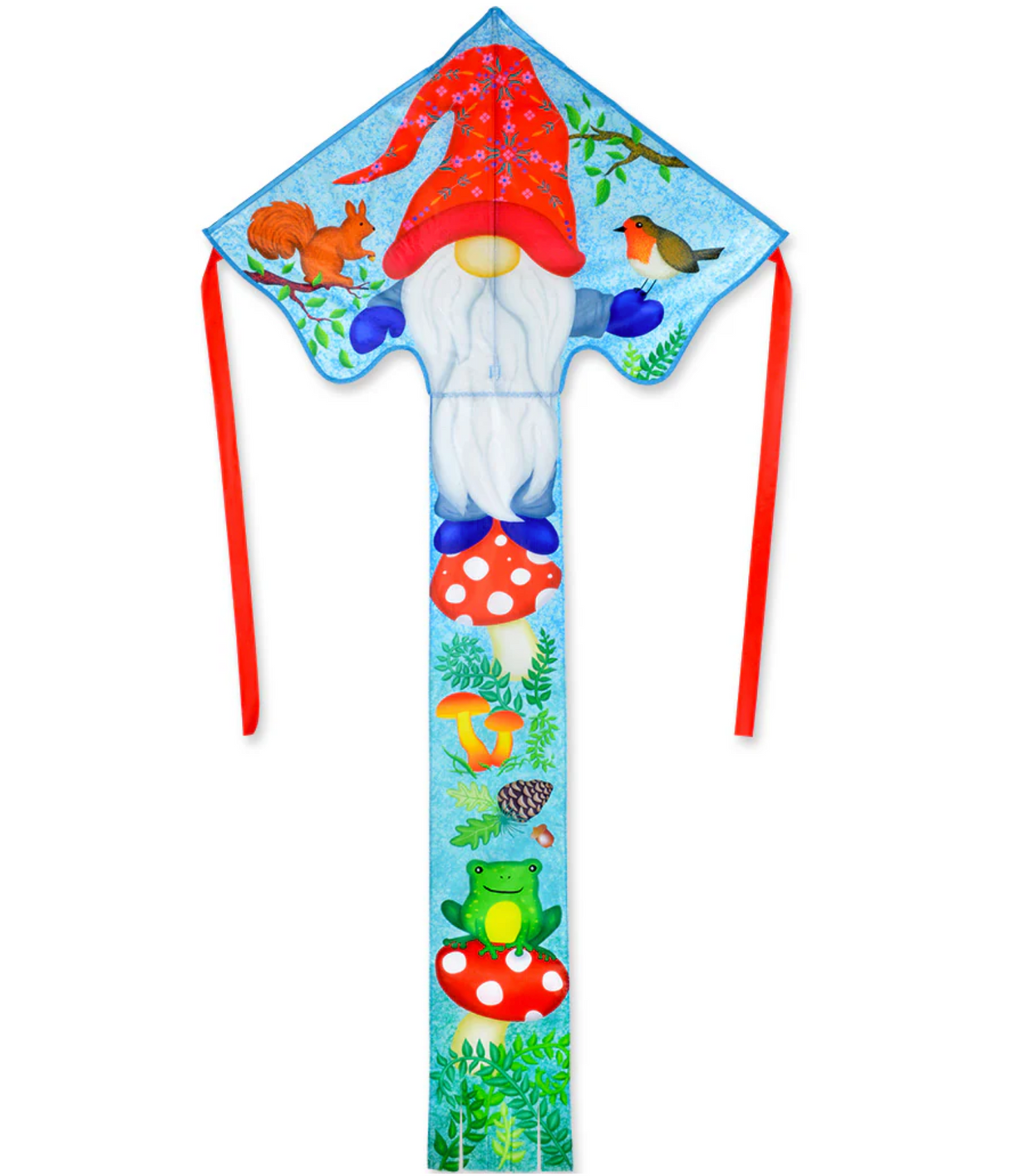 46" Easy Flyer Kite | Gnome with vibrant gnome design, red hat, and woodland creatures on a blue nylon frame.