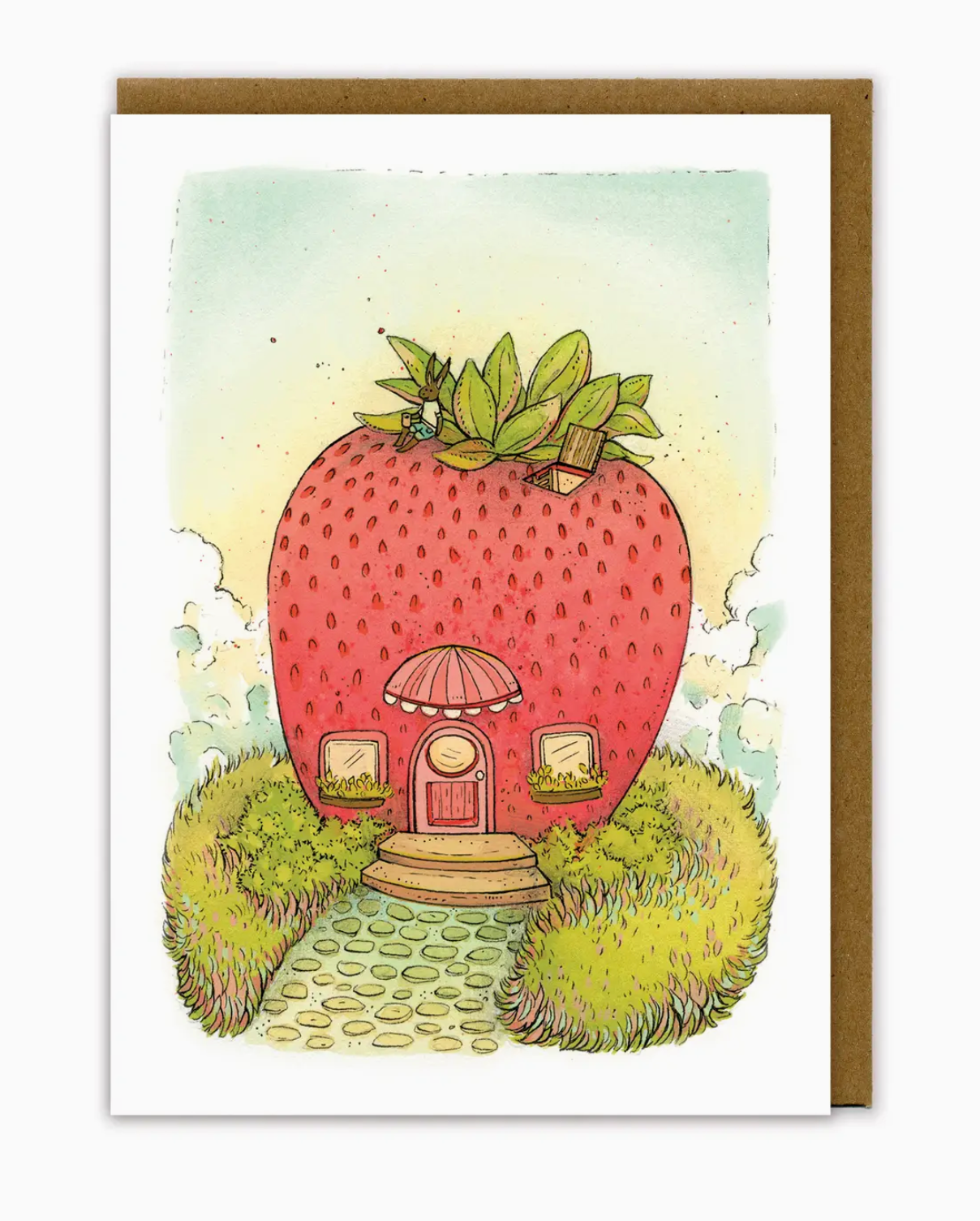 Strawberry Card featuring a rabbit sitting on a charming strawberry house with lush greenery and a welcoming path.