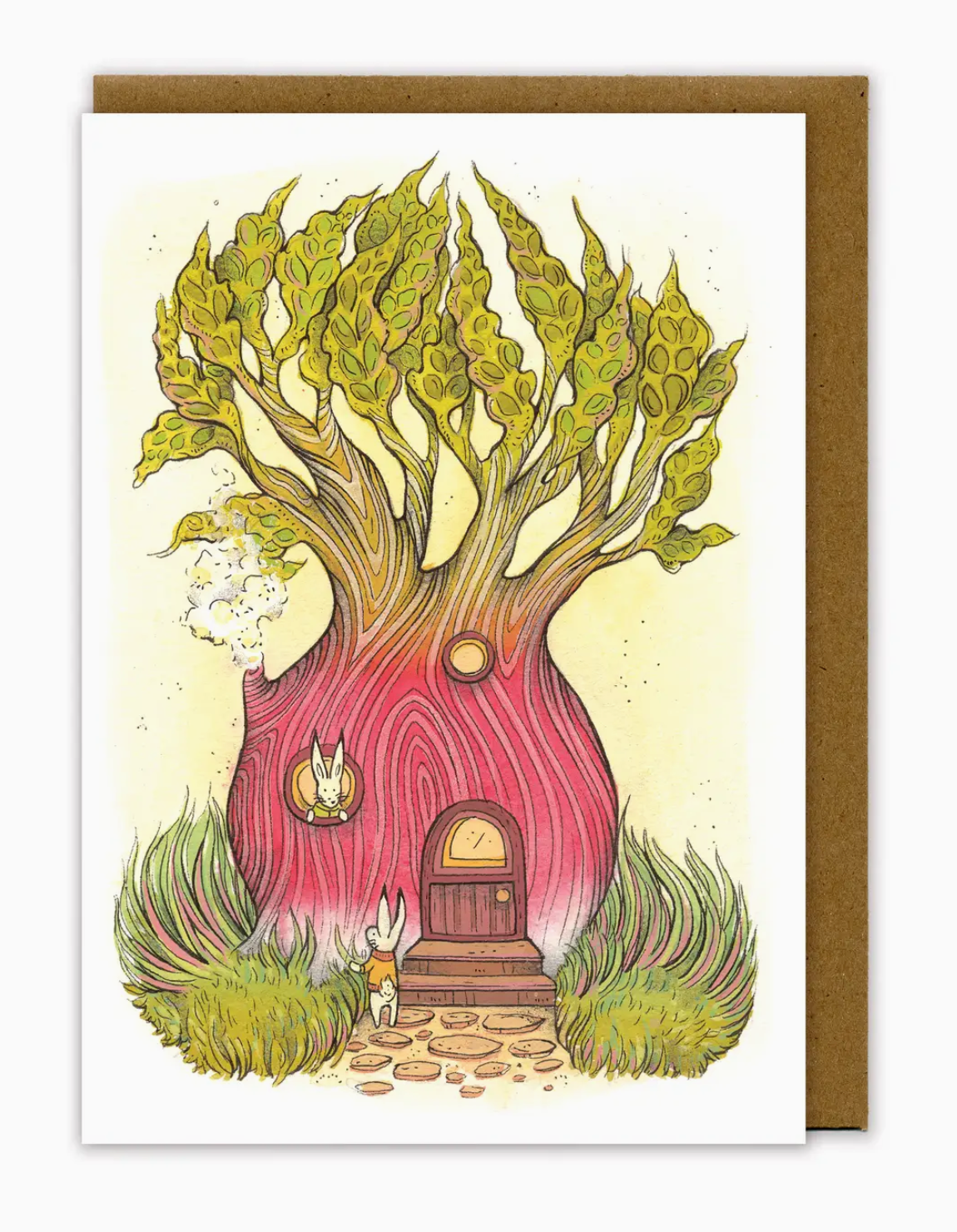 Radish Card featuring a whimsical radish house with rabbits, printed on thick FSC paper, blank inside with envelope.