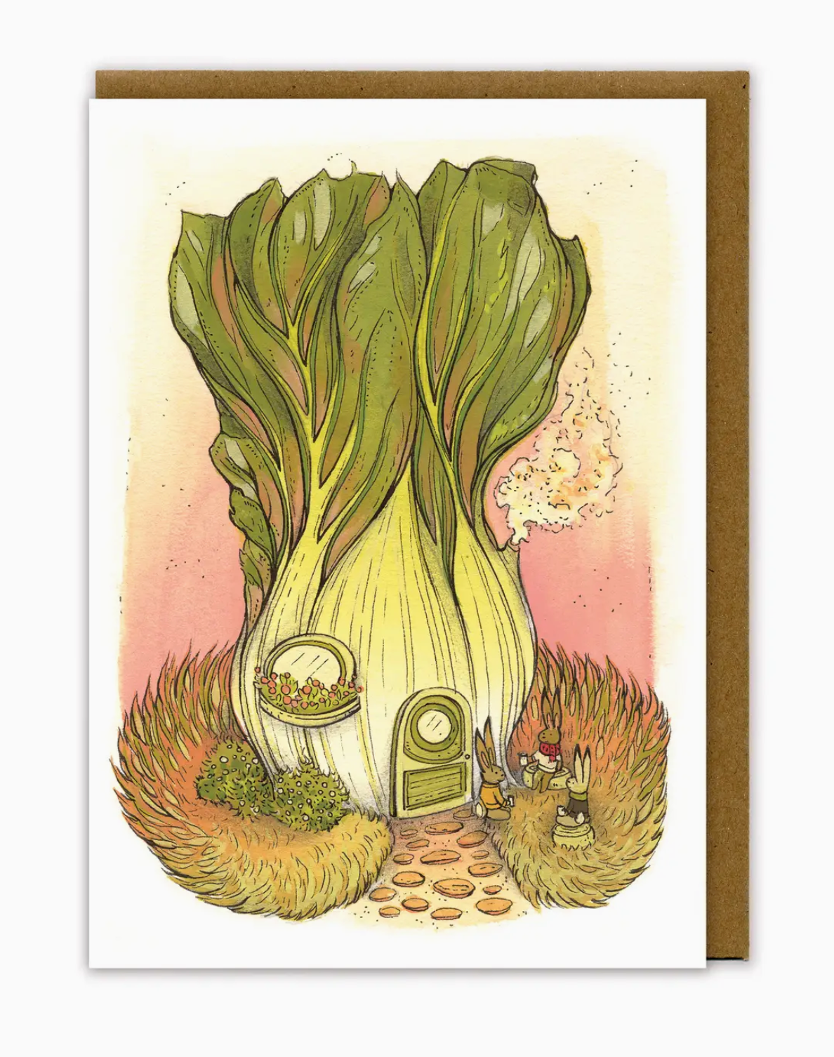 Bok Choy Card showing rabbits gathered outside a cozy bok choy house with a smoking chimney and garden path.