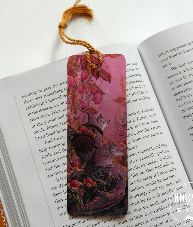 Bookmark | Berry Harvesters with illustration of two Short-eared Elephant Shrews picking berries and bronze tassel.