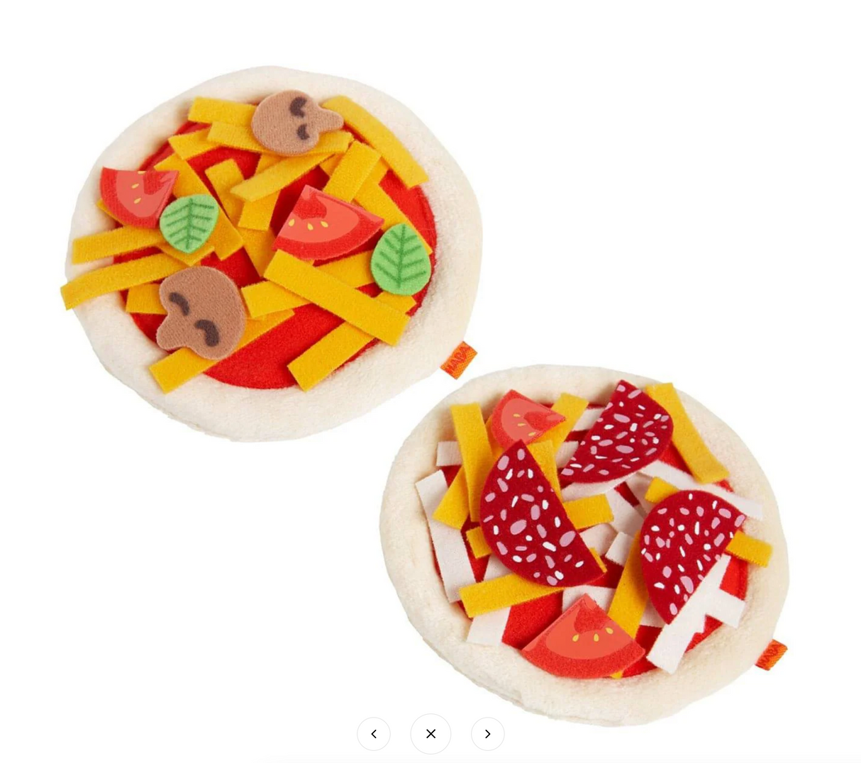 Mini Pizza set with two 5” crusts and realistic polyester toppings including cheese, salami, mushrooms, basil, and tomato slices.