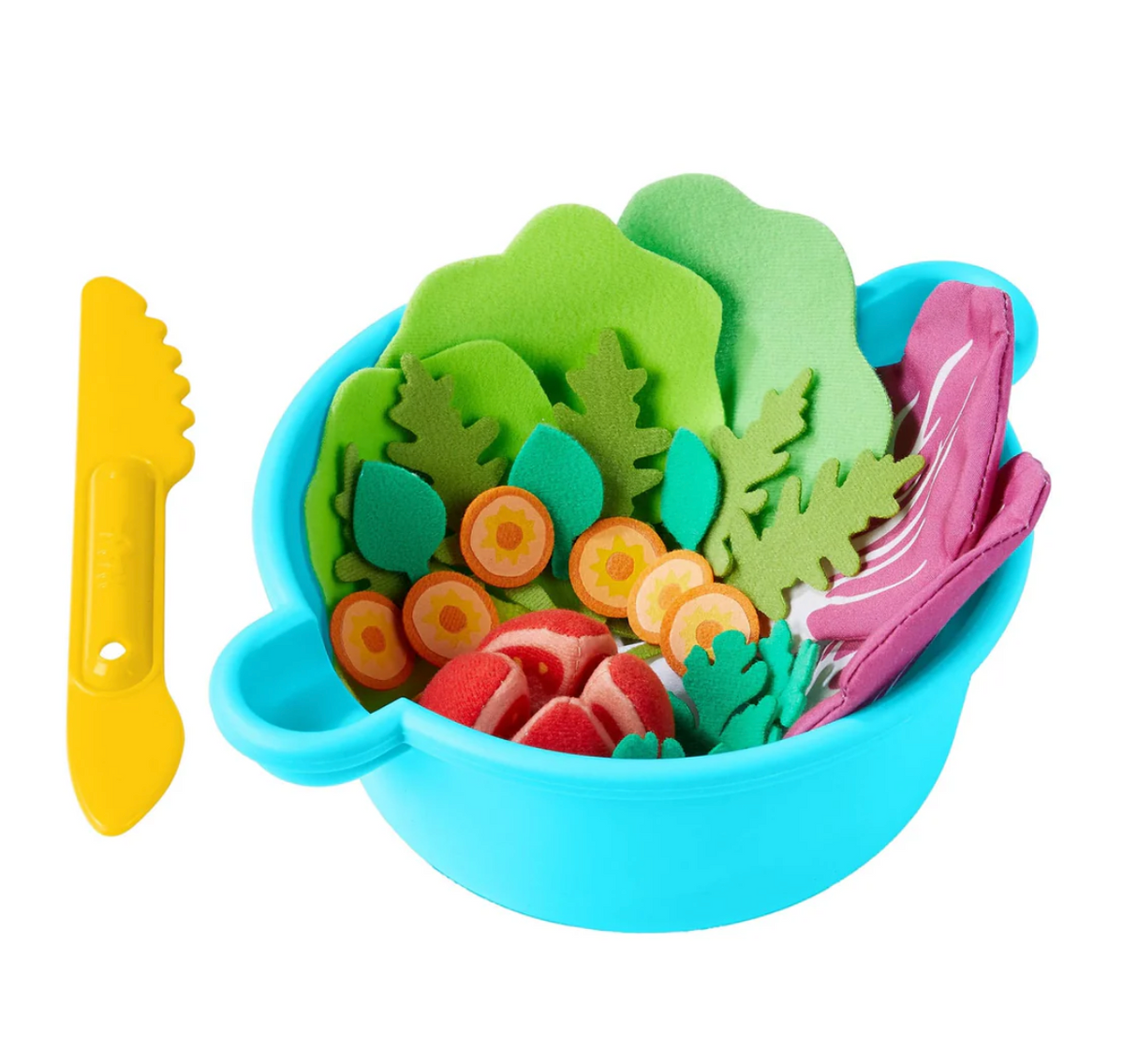 Mixed Salad Bowl with colorful pretend play vegetables, salad strainer, and a yellow play knife for kids' healthy fun.