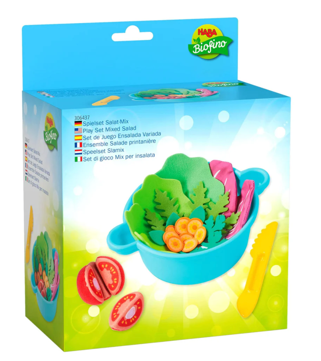 Mixed Salad Bowl toy set with play knife, salad bowl, tomatoes, lettuce, carrot slices, and assorted pretend vegetables.