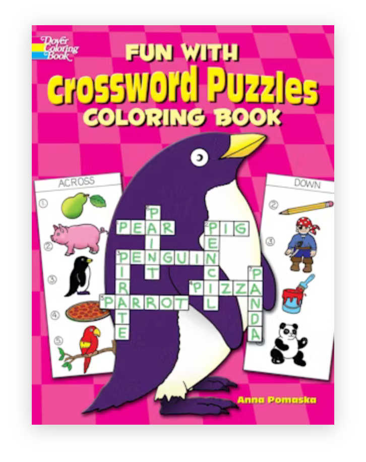 Fun With Crossword Puzzles coloring book cover with penguin and illustrated crossword clues for children’s learning and fun.