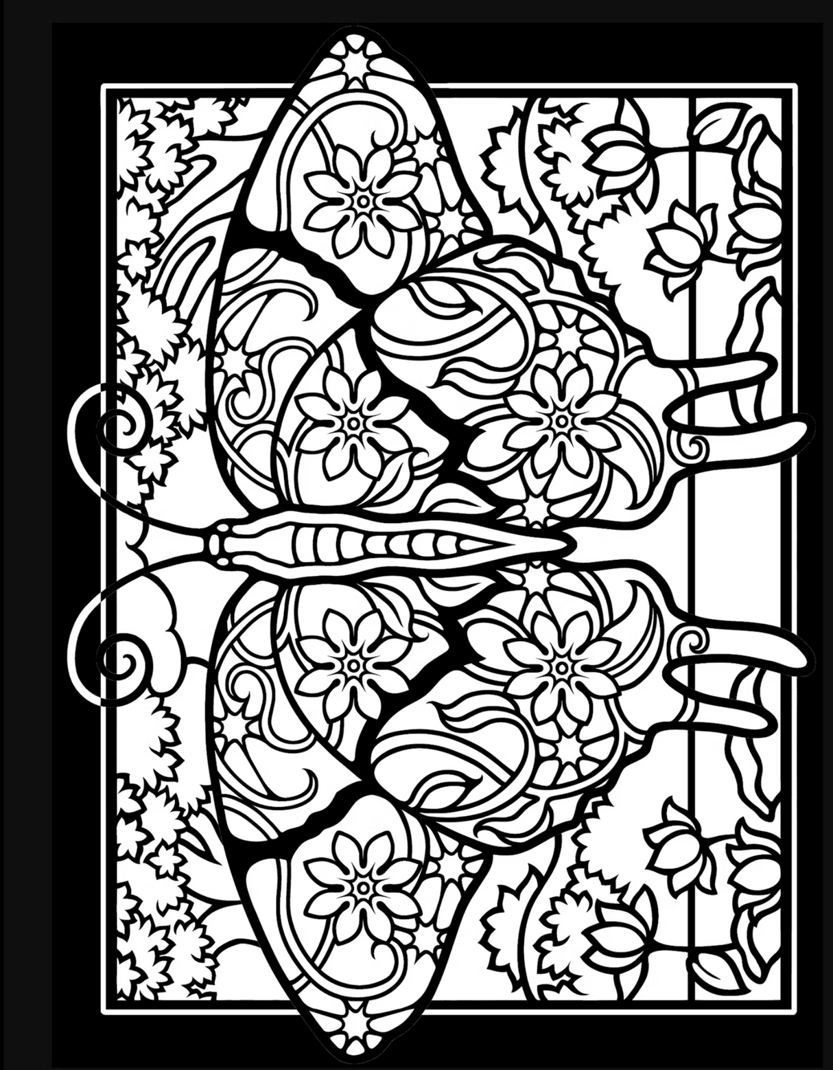 Fanciful Butterflies Stained Glass Coloring Book page with detailed butterfly and floral patterns for creative coloring.