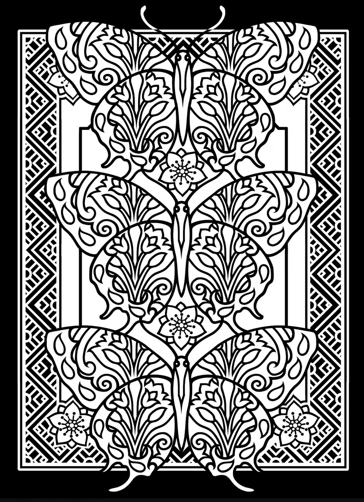 Intricate black and white butterfly design for Fanciful Butterflies Stained Glass Coloring Book, detailed and ready to color.