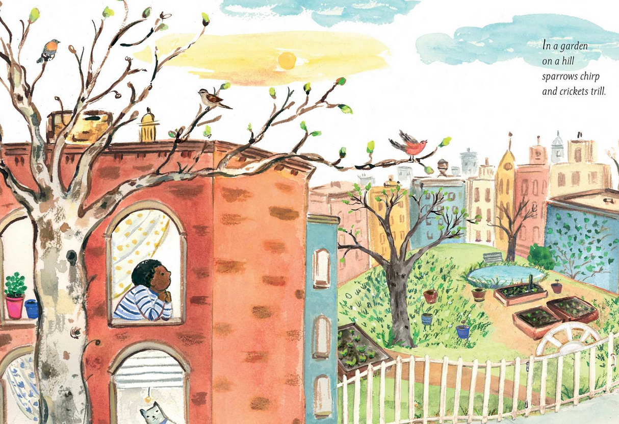 In a Garden illustration shows a child watching birds and a vibrant urban garden at sunrise with trees and city buildings.