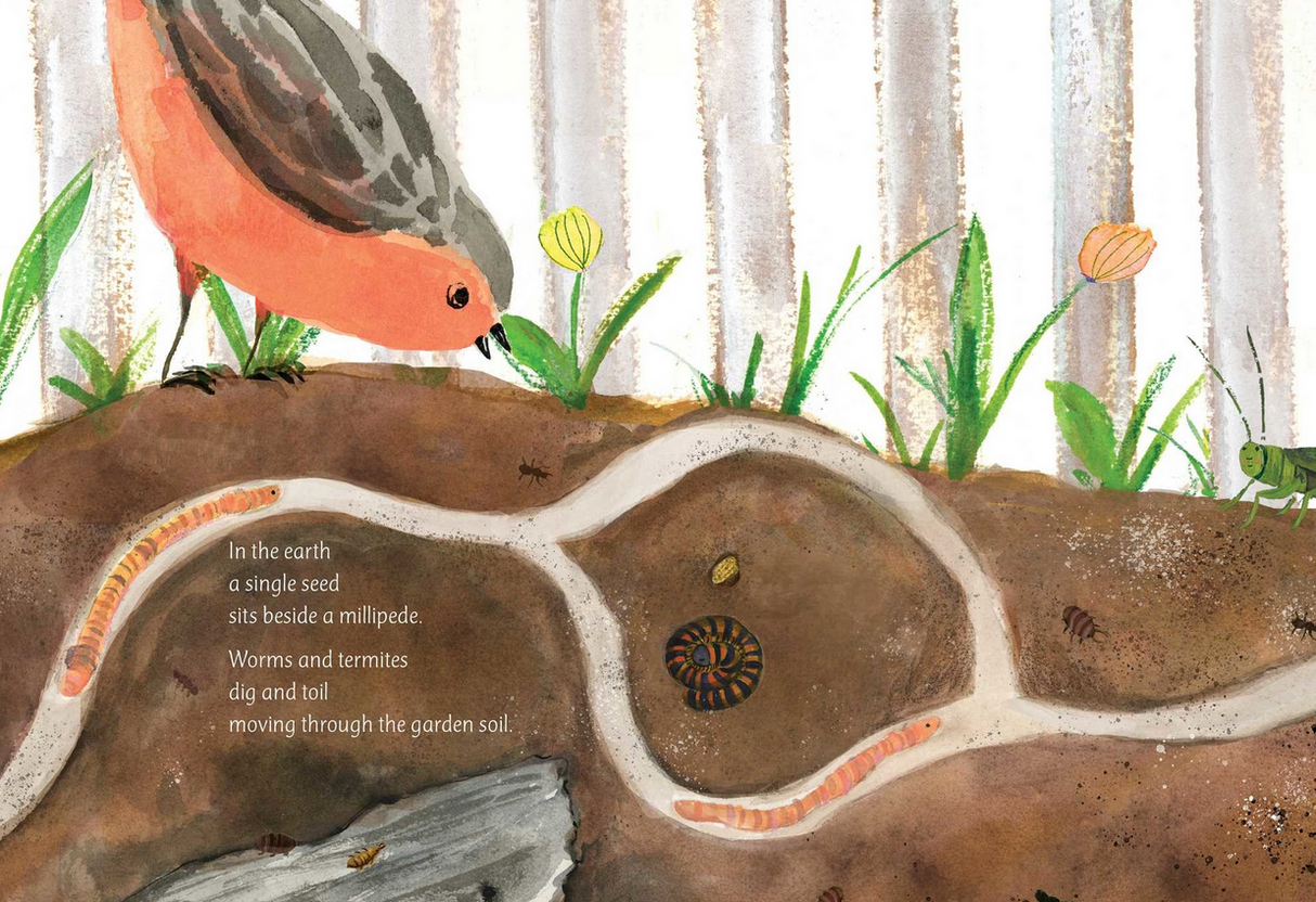 Illustration from In a Garden showing garden soil with worms, millipedes, and a bird among plants and flowers.
