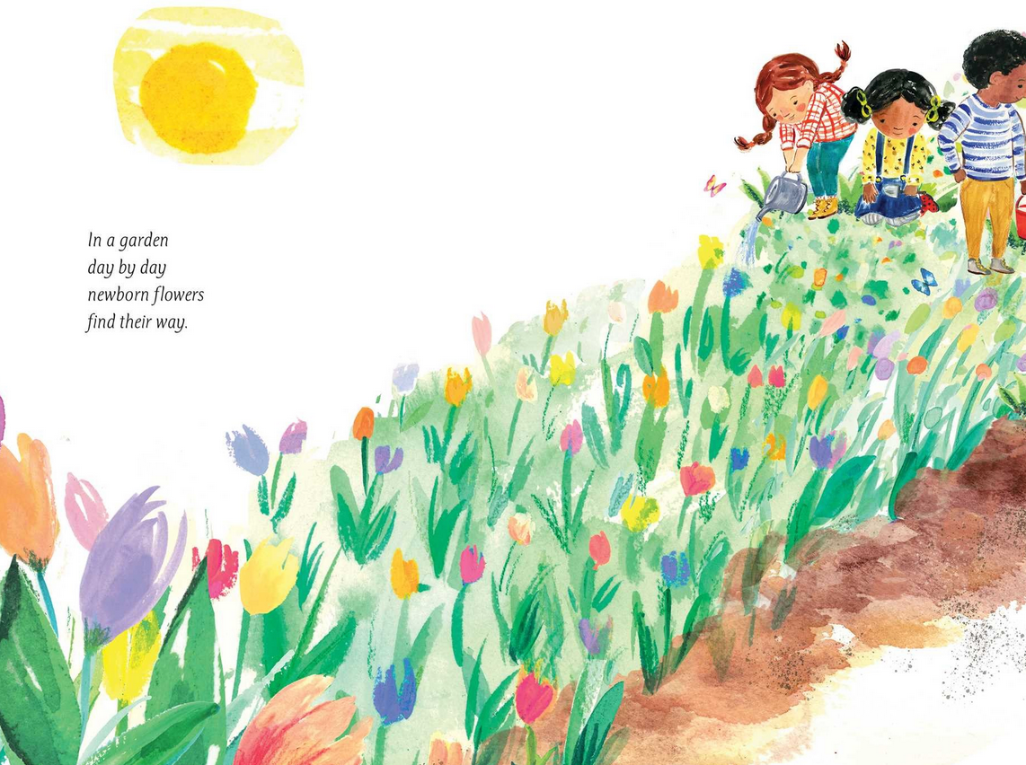 In a Garden shows children watering colorful flowers growing in a bright, sunny garden full of life and growth.