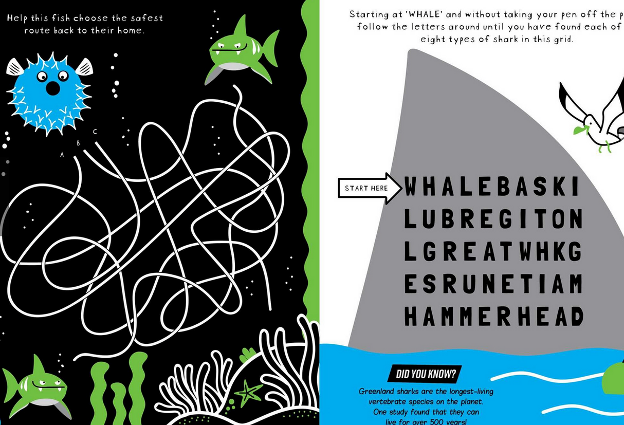 Brain Boosters | Under the Sea Puzzles features fluorescent maze and wordsearch activities with marine creatures and shark names.