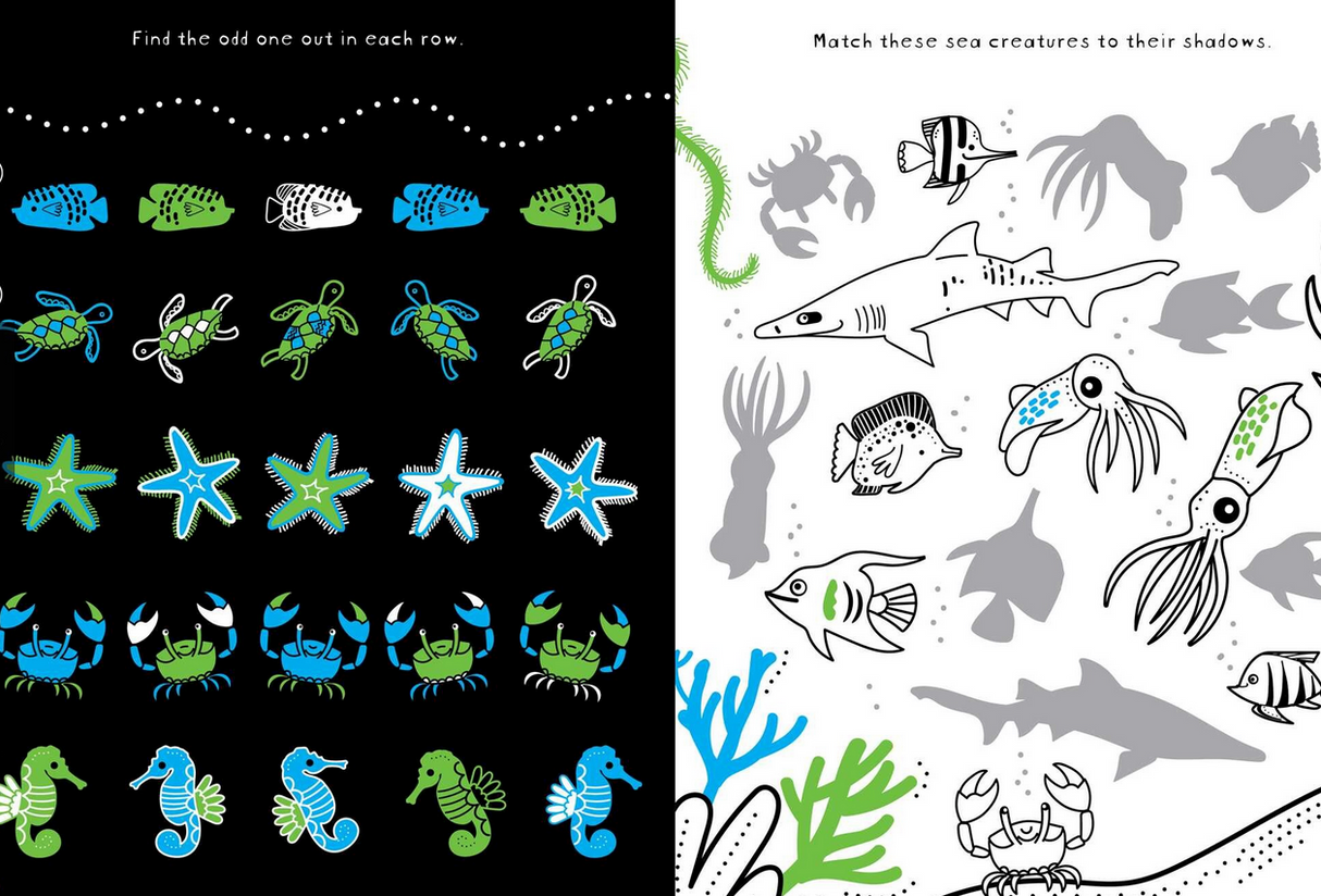 Brain Boosters | Under the Sea Puzzles showing colorful sea creatures with matching and odd one out games for kids.