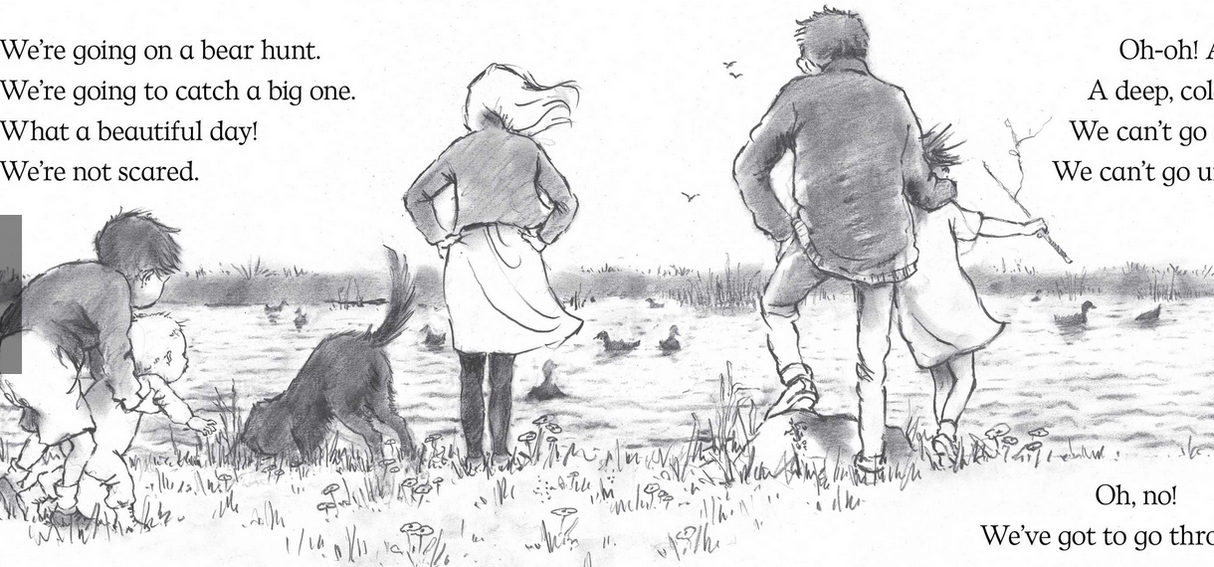 We're Going on a Bear Hunt 30th Anniversary black and white illustration of a family exploring outdoors.