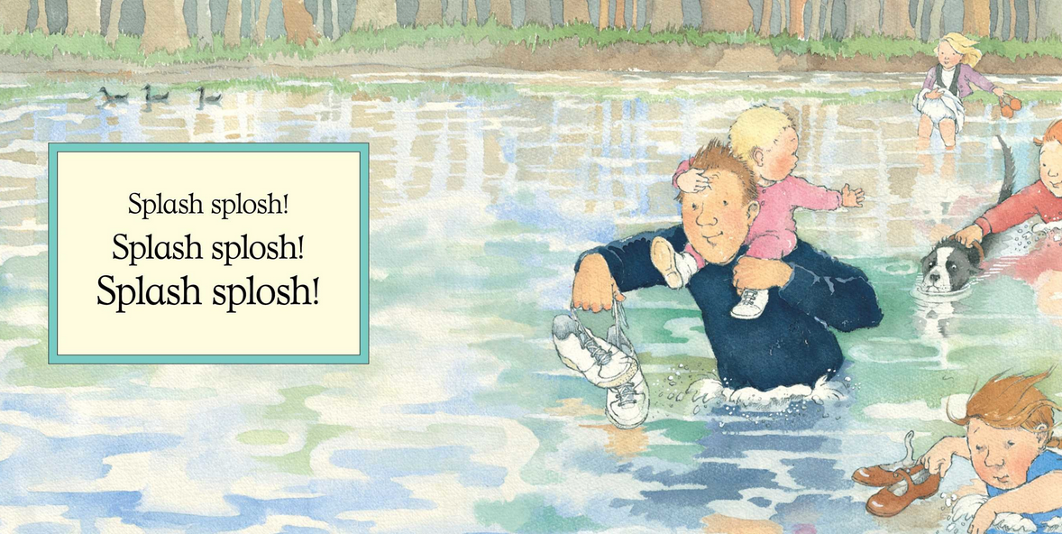 We're Going on a Bear Hunt 30th Anniversary" board book illustration of children and father splashing through a river.