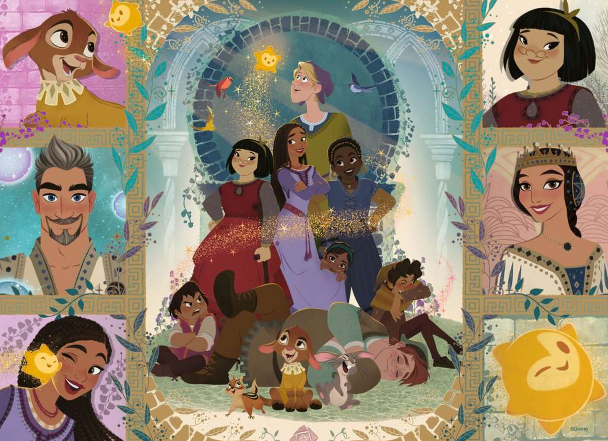 100pc Disney Wish Puzzle featuring colorful characters from the magical kingdom of Rosas with King Magnifico and friends.