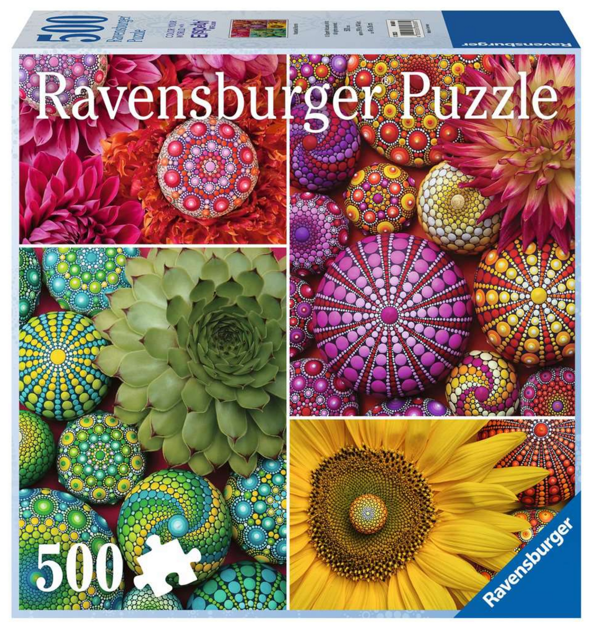 500pc Mandala Blooms Puzzle featuring colorful painted stones and vibrant flowers by Elspeth McLean.