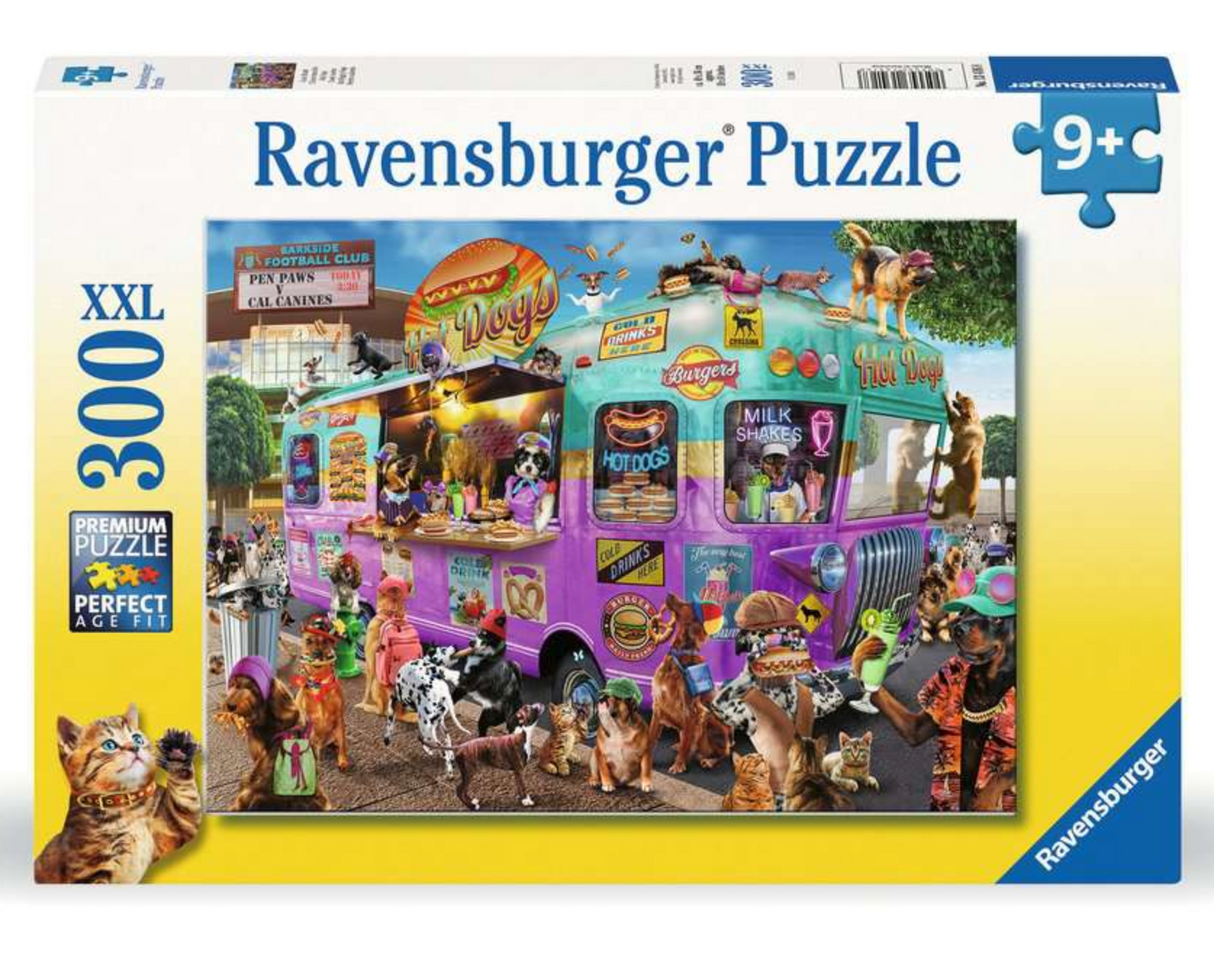 300pc Hot Diggity Dogs Puzzle featuring colorful dogs and cats around a vibrant food truck scene, 300 pieces for ages 9+