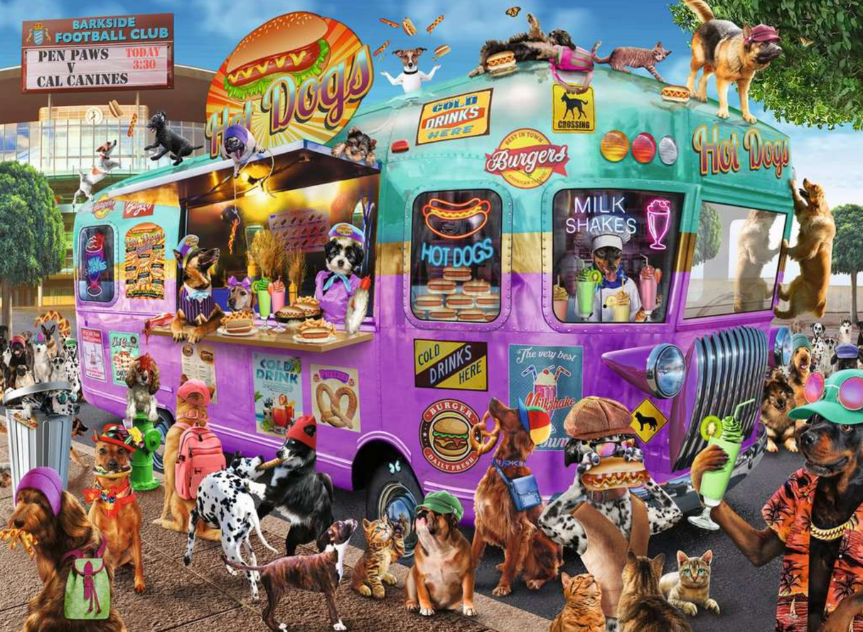 300pc Hot Diggity Dogs Puzzle showing playful dogs and cats around a colorful food truck enjoying hot dogs and treats.