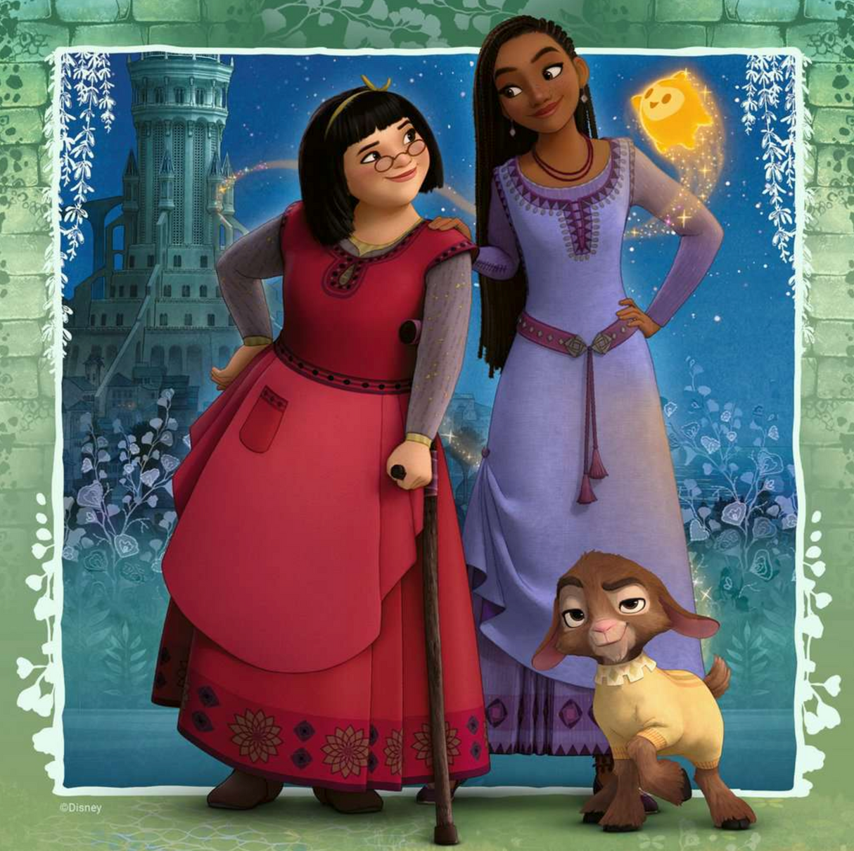 49pc Disney Wish Puzzles featuring Asha, Dahlia, and Valentino in a magical kingdom scene with castle background.