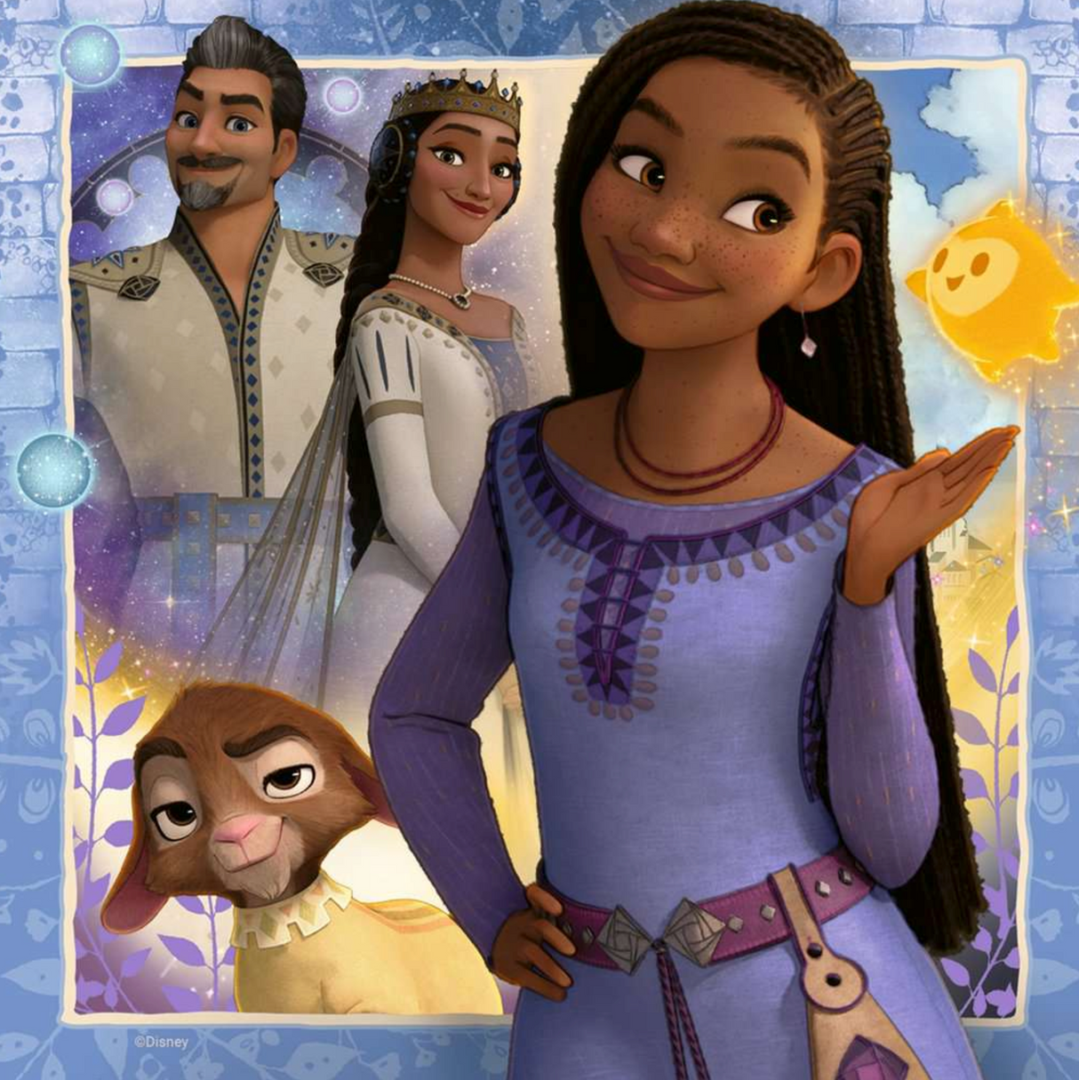 49pc Disney Wish Puzzles featuring Asha, King Magnifico, Queen Amaya, and magical characters from the Disney movie.