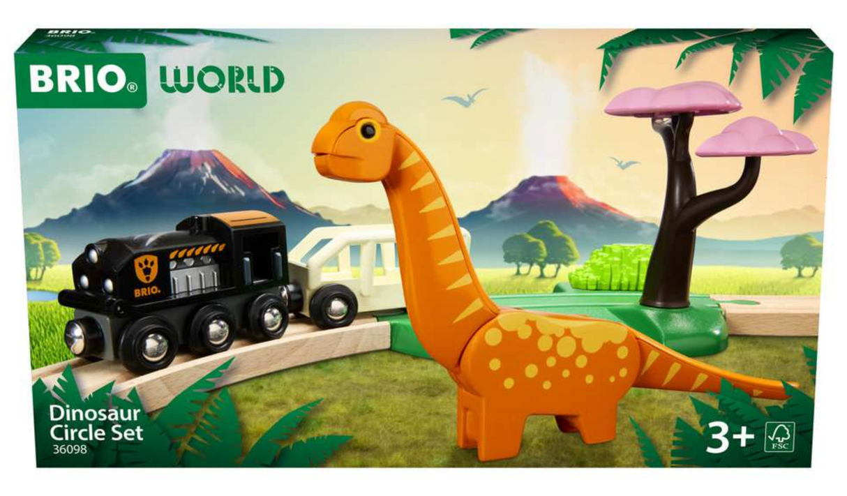 Dinosaur Circle Set with wooden train, Brachiosaurus figure, meadow crossing, and tree for imaginative play.
